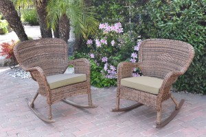Set of 2 Windsor Honey Resin Wicker Rocker Chair with Tan Cushions
