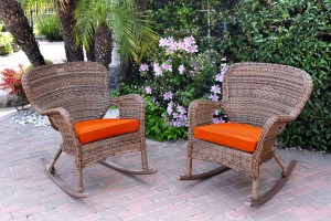 Set of 2 Windsor Honey Resin Wicker Rocker Chair with Orange Cushions