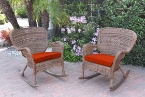 Set of 2 Windsor Honey Resin Wicker Rocker Chair with Brick Red Cushions