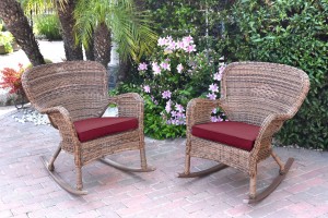 Set of 2 Windsor Honey Resin Wicker Rocker Chair with Red Cushions