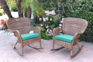 Set of 2 Windsor Honey Resin Wicker Rocker Chair with Turquoise Cushions
