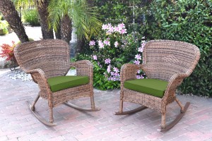 Set of 2 Windsor Honey Resin Wicker Rocker Chair with Hunter Green Cushions