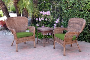 Windsor Honey Wicker Chair And End Table Set With Hunter Green Chair Cushion