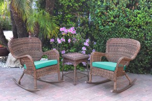 Windsor Honey Wicker Rocker Chair And End Table Set With Turquoise Chair Cushion