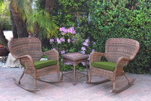 Windsor Honey Wicker Rocker Chair And End Table Set With Hunter Green Chair Cushion