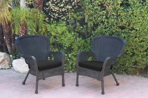Set of 2 Windsor Black Resin Wicker Chair with Black Cushions
