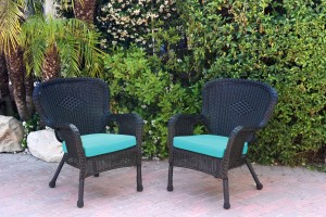 Set of 2 Windsor Black Resin Wicker Chair with Sky Blue Cushion
