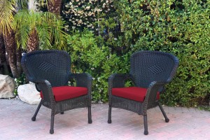 Set of 2 Windsor Black Resin Wicker Chair with Red Cushion