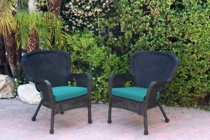 Set of 2 Windsor Black Resin Wicker Chair with Turquoise Cushion