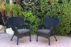 Set of 2 Windsor Black Resin Wicker Chair with Steel Blue Cushion