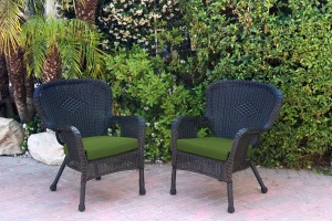 Set of 2 Windsor Black Resin Wicker Chair with Hunter Green Cushion