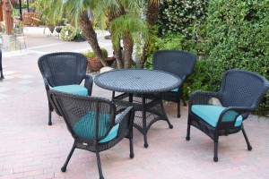 5pc Windsor Black Wicker Dining Set - Sky Blue Cushions