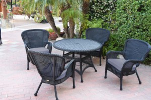 5pc Windsor Black Wicker Dining Set - Steel Blue Cushions