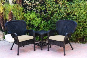 Windsor Black Wicker Chair And End Table Set With Ivory Chair Cushion