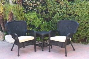 Windsor Black Wicker Chair And End Table Set With Tan Chair Cushion