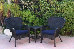 Windsor Black Wicker Chair And End Table Set With Midnight Blue Chair Cushion