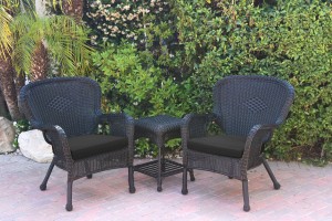 Windsor Black Wicker Chair And End Table Set With Black Chair Cushion