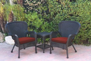 Windsor Black Wicker Chair And End Table Set With Brick Red Chair Cushion