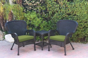 Windsor Black Wicker Chair And End Table Set With Sage Green Chair Cushion