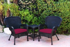 Windsor Black Wicker Chair And End Table Set With Red Chair Cushion