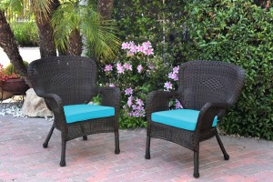 Set of 2 Windsor Espresso Resin Wicker Chair with Sky Blue Cushion