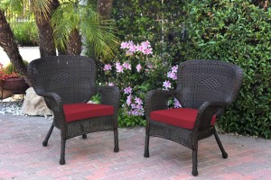 Set of 2 Windsor Espresso Resin Wicker Chair with Red Cushion