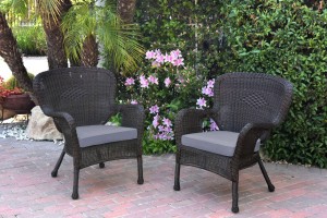 Set of 2 Windsor Espresso Resin Wicker Chair with Steel Blue Cushion