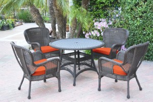 5pc Windsor Espresso Wicker Dining Set with Orange Cushions