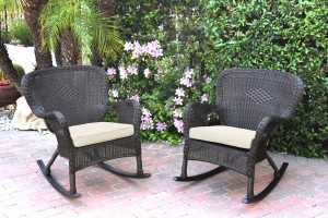 Set of 2 Windsor Espresso Resin Wicker Rocker Chair with Ivory Cushions