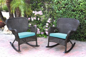 Set of 2 Windsor Espresso Resin Wicker Rocker Chair with Sky Blue Cushions
