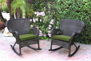Set of 2 Windsor Espresso Resin Wicker Rocker Chair with Hunter Green Cushions