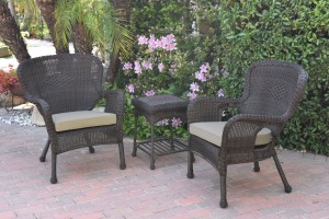 Windsor Espresso Wicker Chair And End Table Set With Tan Chair Cushion