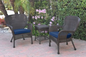 Windsor Espresso Wicker Chair And End Table Set With Midnight Blue Chair Cushion