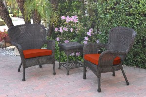 Windsor Espresso Wicker Chair And End Table Set With Brick Red Chair Cushion