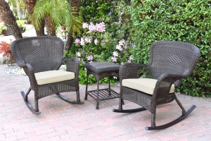 Windsor Espresso Wicker Rocker Chair And End Table Set With Ivory Chair Cushion