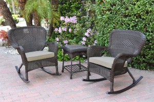 Windsor Espresso Wicker Rocker Chair And End Table Set With Tan Chair Cushion