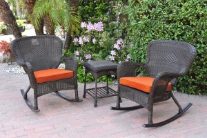 Windsor Espresso Wicker Rocker Chair And End Table Set With Orange Chair Cushion