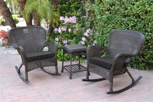 Windsor Espresso Wicker Rocker Chair And End Table Set With Black Chair Cushion