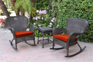 Windsor Espresso Wicker Rocker Chair And End Table Set With Brick Red Chair Cushion