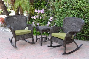 Windsor Espresso Wicker Rocker Chair And End Table Set With Sage Green Chair Cushion