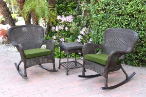 Windsor Espresso Wicker Rocker Chair And End Table Set With Hunter Green Chair Cushion