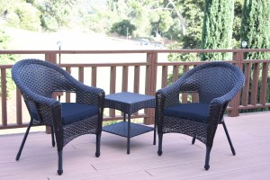 Set of 3 Espresso Resin Wicker Clark Single Chair with 2 inch Midnight Blue Cushion and End Table
