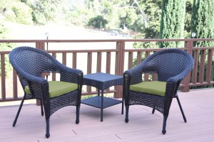 Set of 3 Espresso Resin Wicker Clark Single Chair with 2 inch Sage Green Cushion and End Table