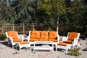 6pc White Wicker Seating Set with Orange Cushions