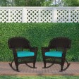 Espresso Rocker Wicker Chair with Turquoise Cushion -  Set of 2