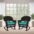 Espresso Rocker Wicker Chair with Turquoise Cushion -  Set of 2