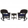 3pc Espresso Rocker Wicker Chair Set With Midnight Blue Cushion