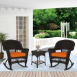 3pc Espresso Rocker Wicker Chair Set With Orange Cushion