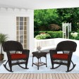 3pc Espresso Rocker Wicker Chair Set With Brick Red Cushion