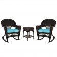 3pc Espresso Rocker Wicker Chair Set With Sky Blue Cushion